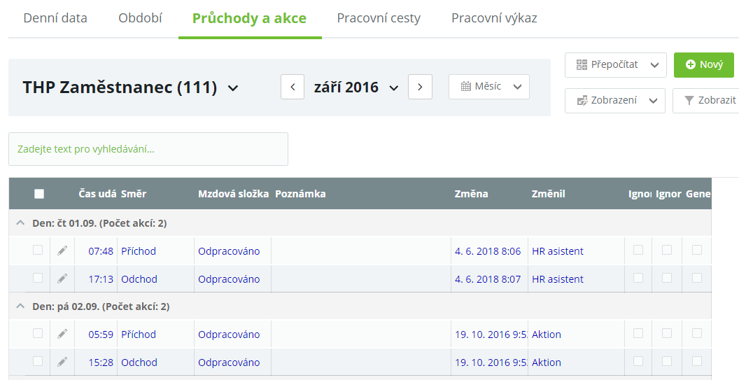 Obr. 15: Záložka Průchody a akce